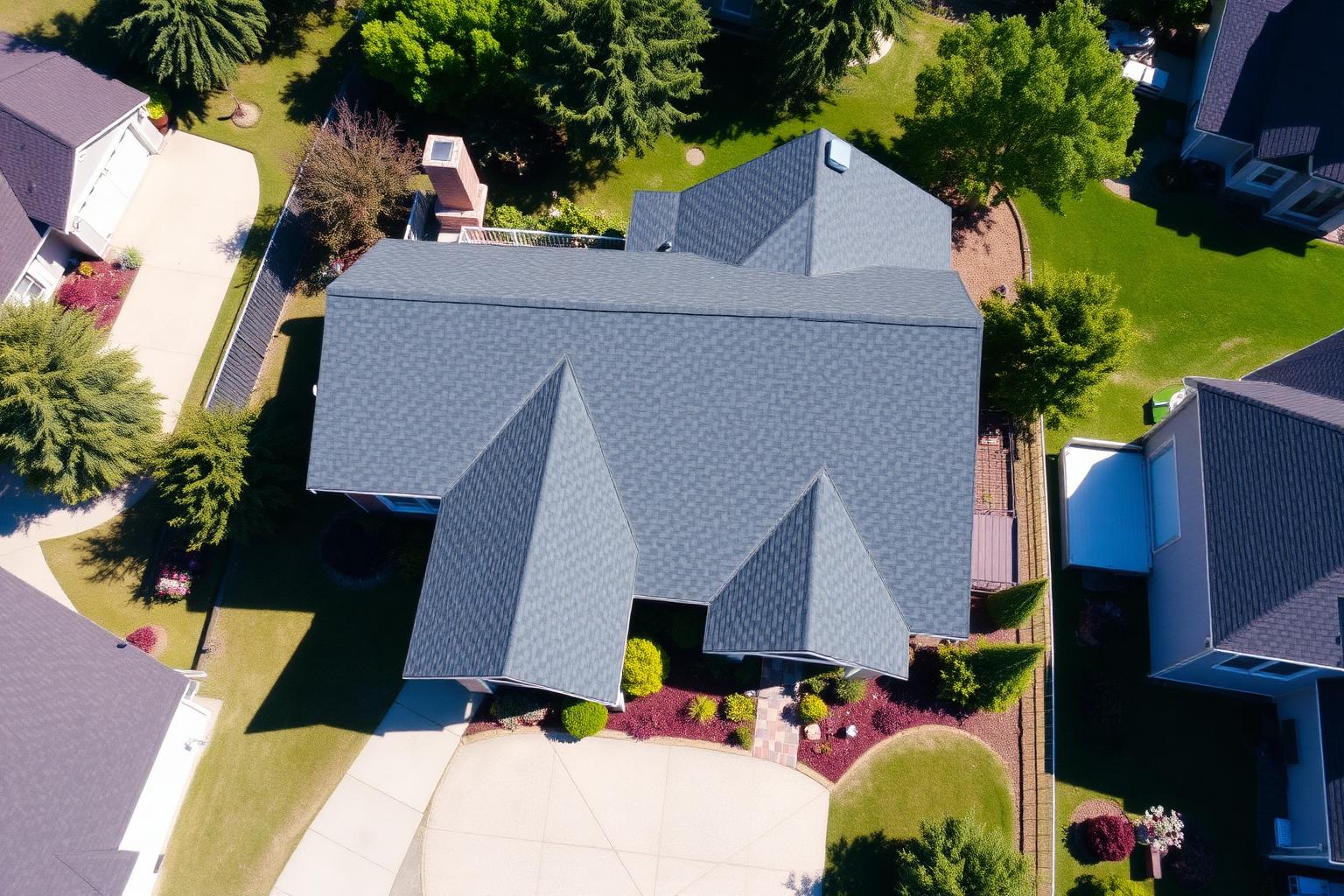 Aerial view of new asphalt shingle roof